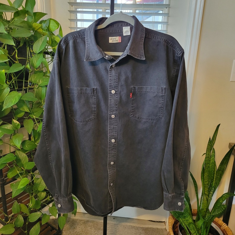 VTG 90s Levi's Mens XL Faded Black Denim Long Sleeve Button Down Shirt Metal